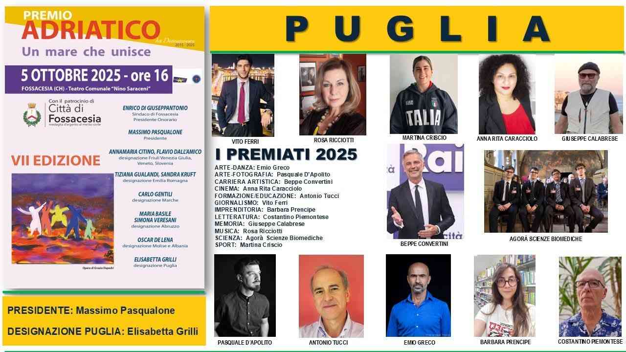 Premio Internazionale Adriatico 2025 – VII Edizione: ecco i vincitori pugliesi Premio Internazionale Adriatico 2025 – VII Edizione: ecco i vincitori pugliesi