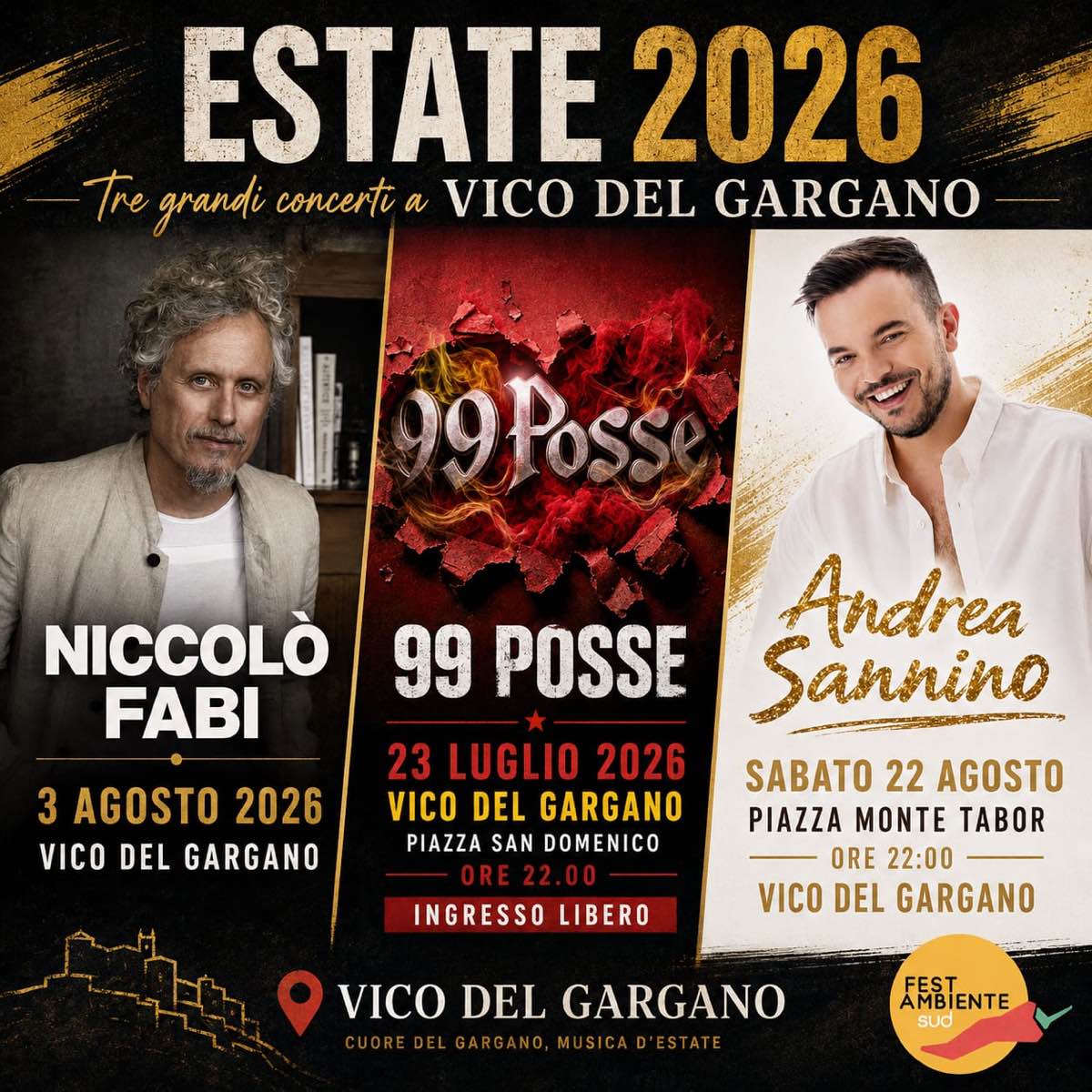 Vico del Gargano punta in alto: annunciati i concerti dei 99 Posse, Fabi e Sannino Vico del Gargano punta in alto: annunciati i concerti dei 99 Posse, Fabi e Sannino
