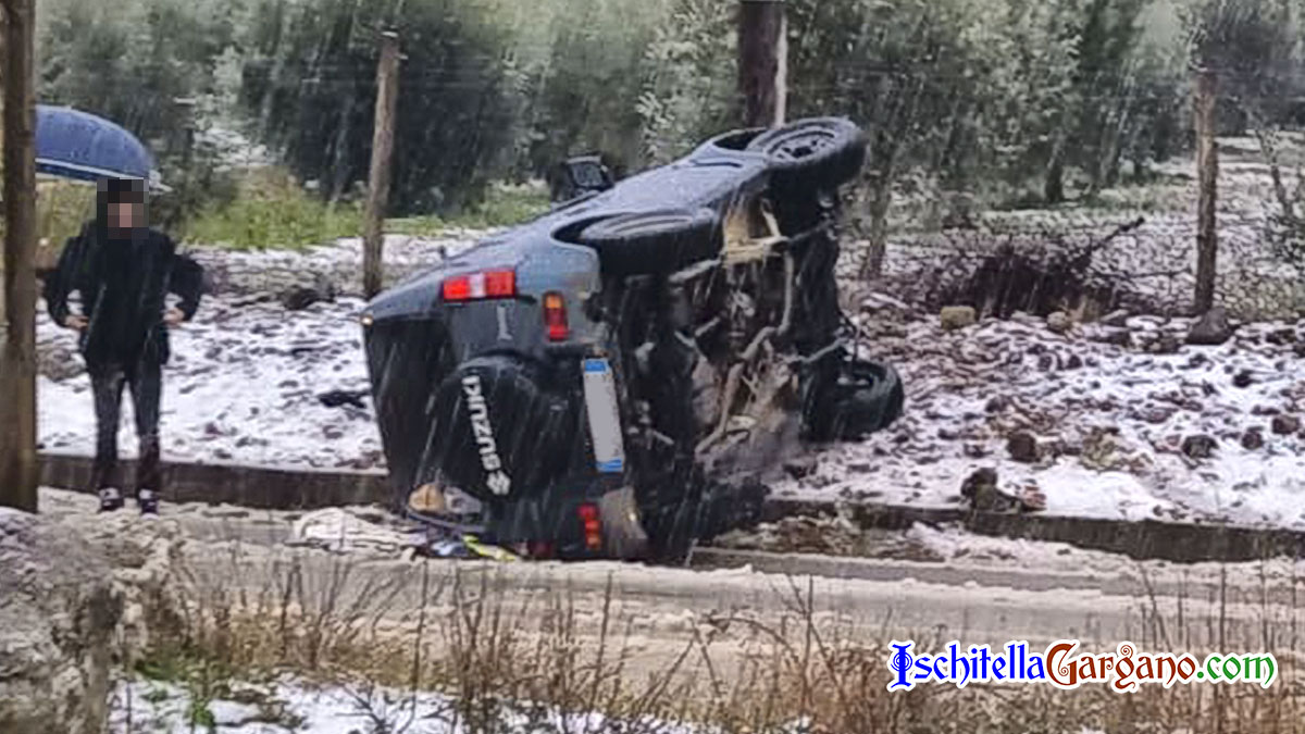 Vico del Gargano, auto esce di strada e si ribalta sotto una fitta nevicata Vico del Gargano, auto esce di strada e si ribalta sotto una fitta nevicata