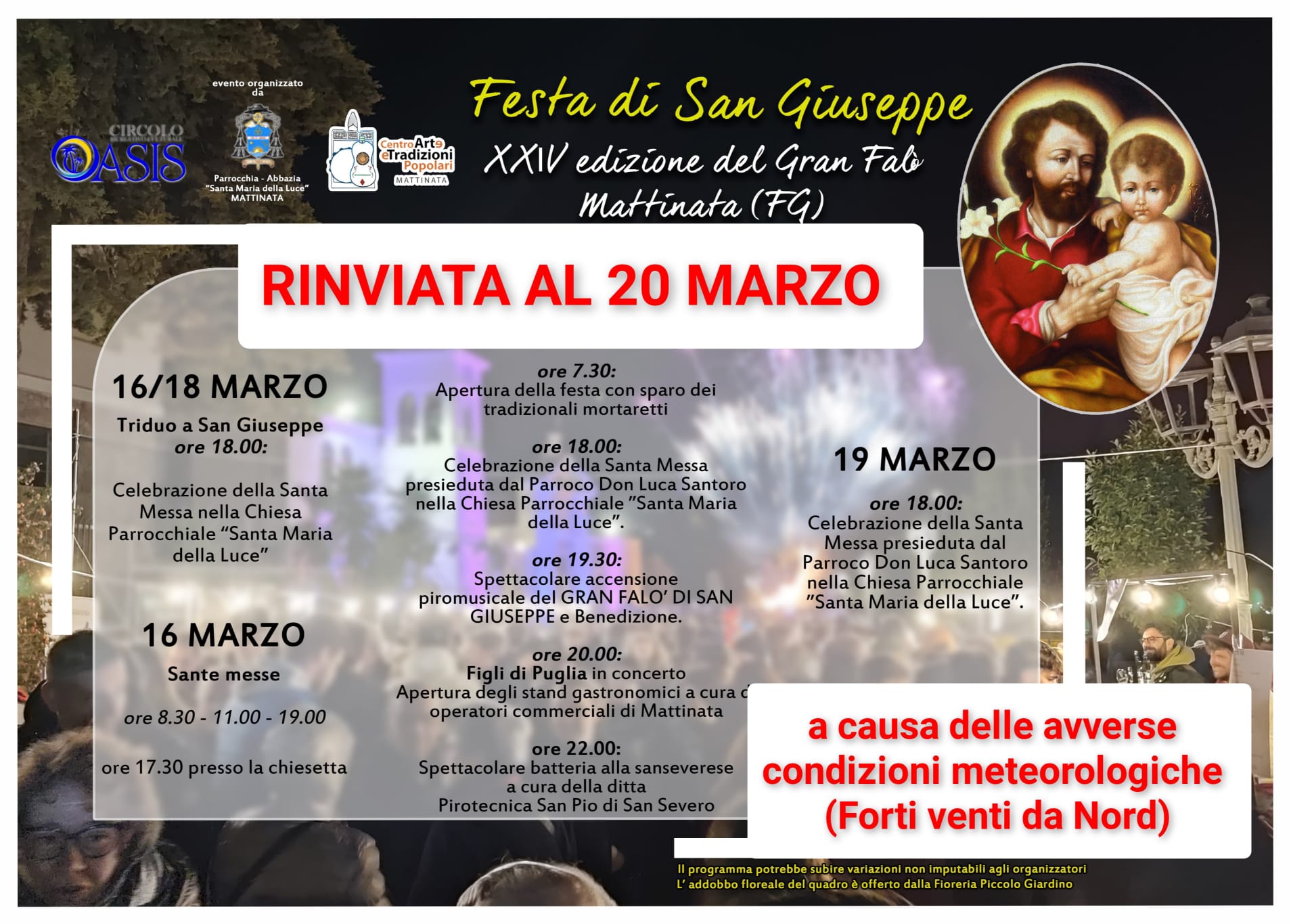 Rinviata la Festa di San Giuseppe a Mattinata Rinviata la Festa di San Giuseppe a Mattinata